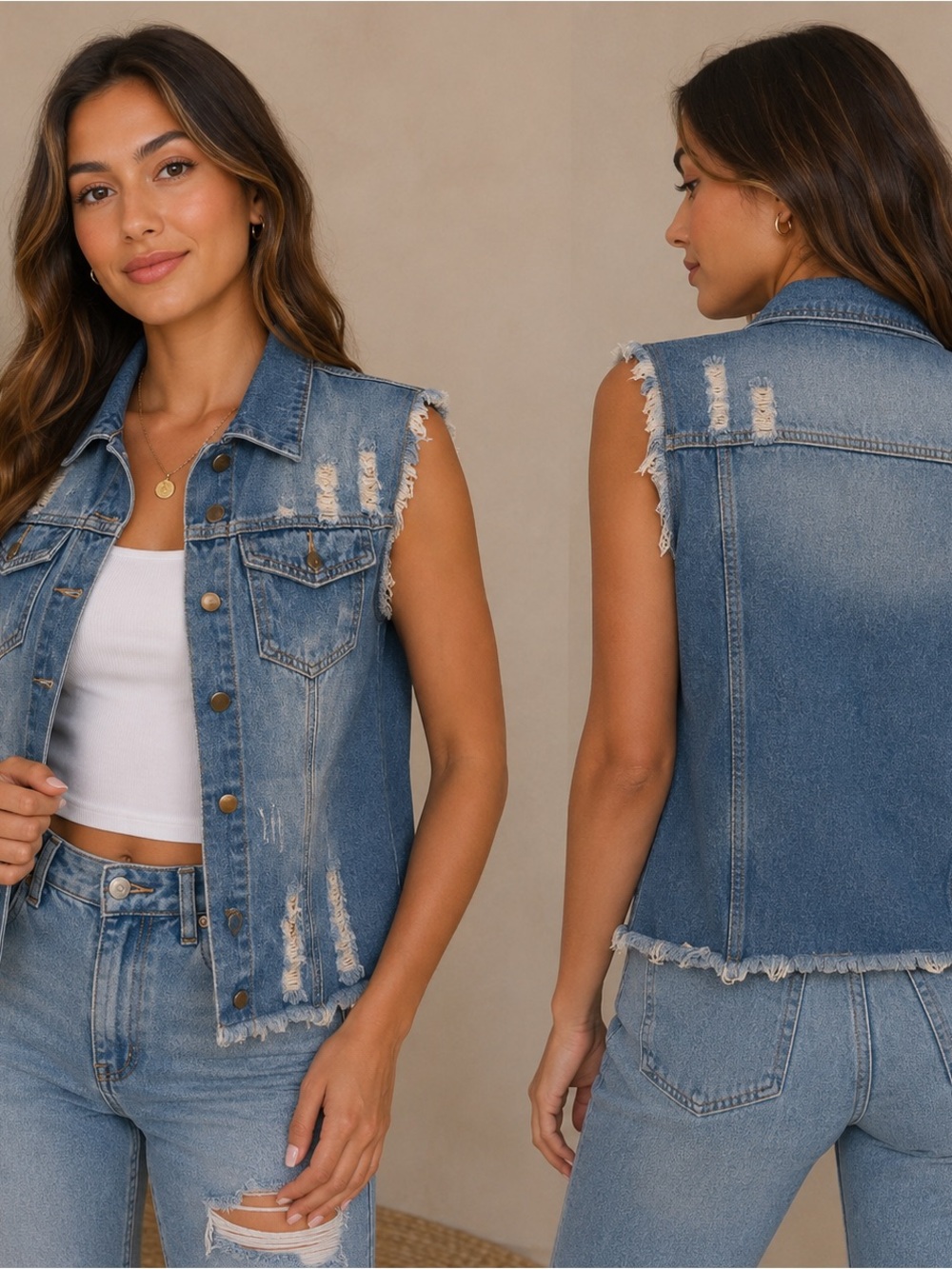 Rugged Blue Denim Vest with Distressed Details